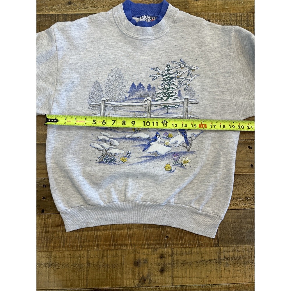VTG 90s Blue Jay Winter Country Scene Womens M Sweatshirt Morning Sun (Flaw) - Picture 6 of 11